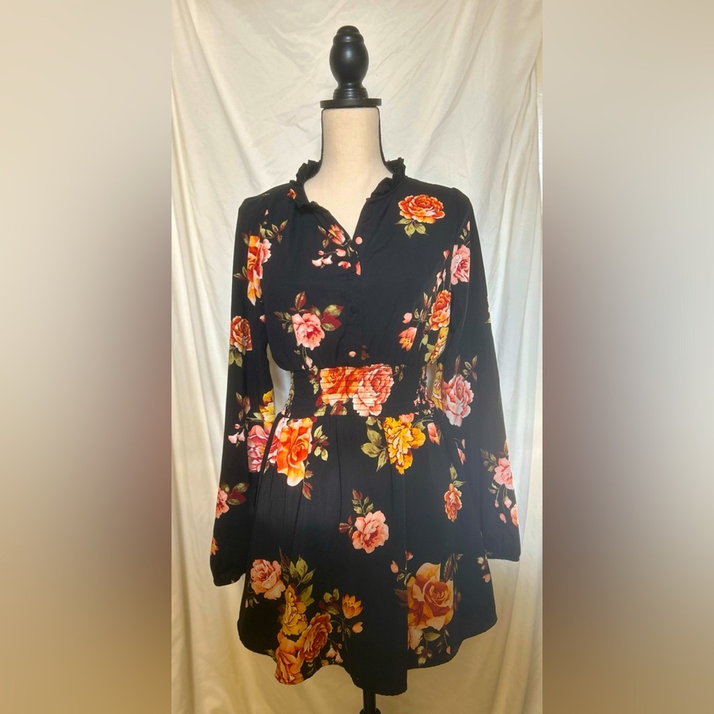 Black Floral Long Sleeve Mini Dress